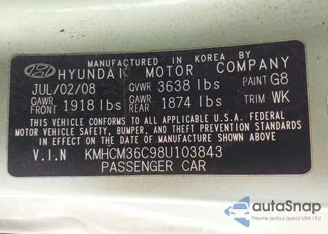 2008 Hyundai Accent Gs z USA, uszkodzony, nr VIN KMHCM36C98U103843